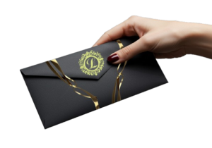 A dark purple envelop with gold ribbon and gold seal with the letter L held by the first finger and thumb, handing the envelope to someone.