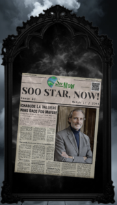 A black floor standing gothic mirror with smoke swirling around it and the image of a newspaper cover in the mirror